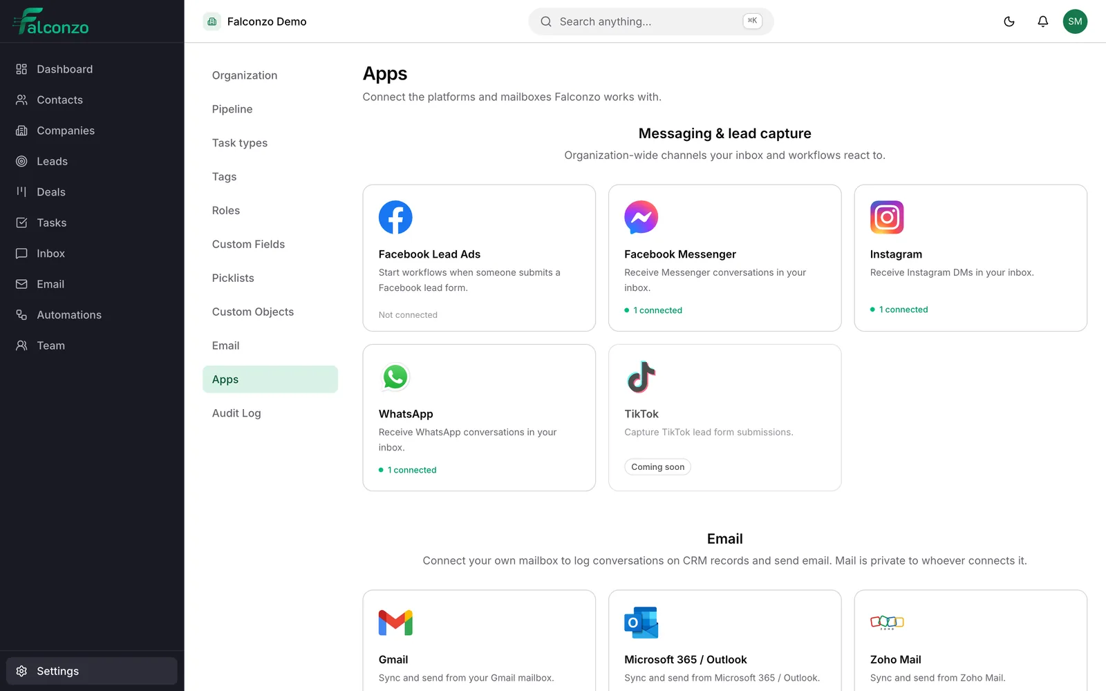 The Falconzo integrations screen, where a mailbox or messaging channel is connected