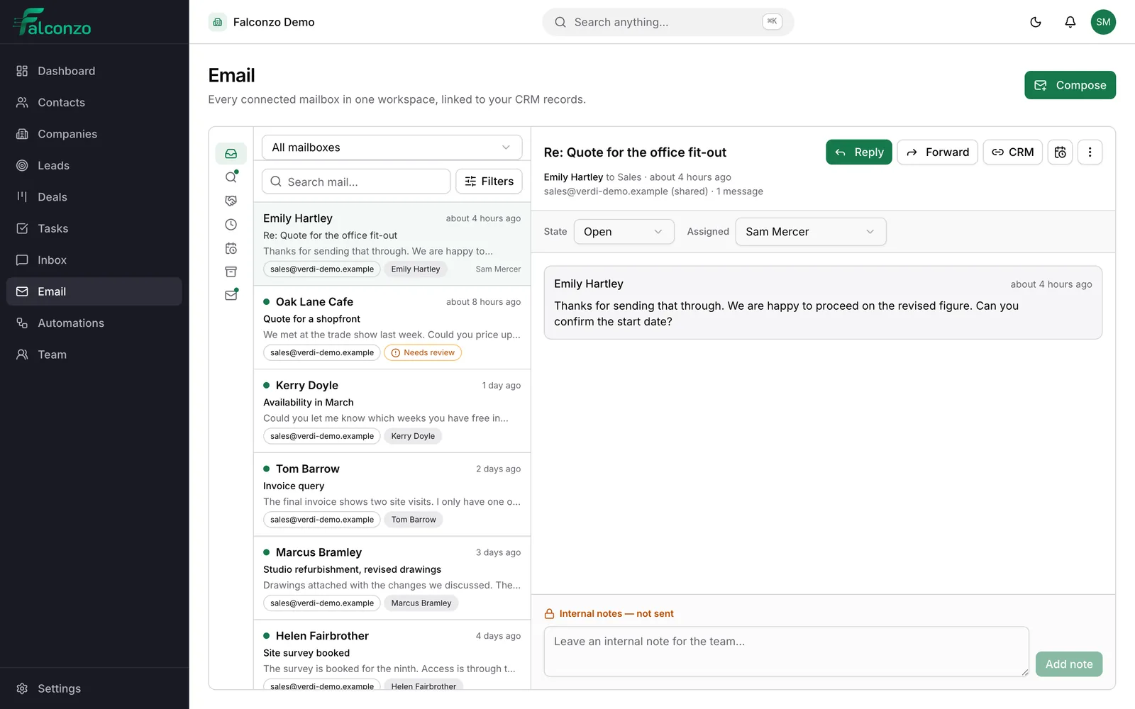 The Falconzo email workspace with a conversation open beside its linked CRM record