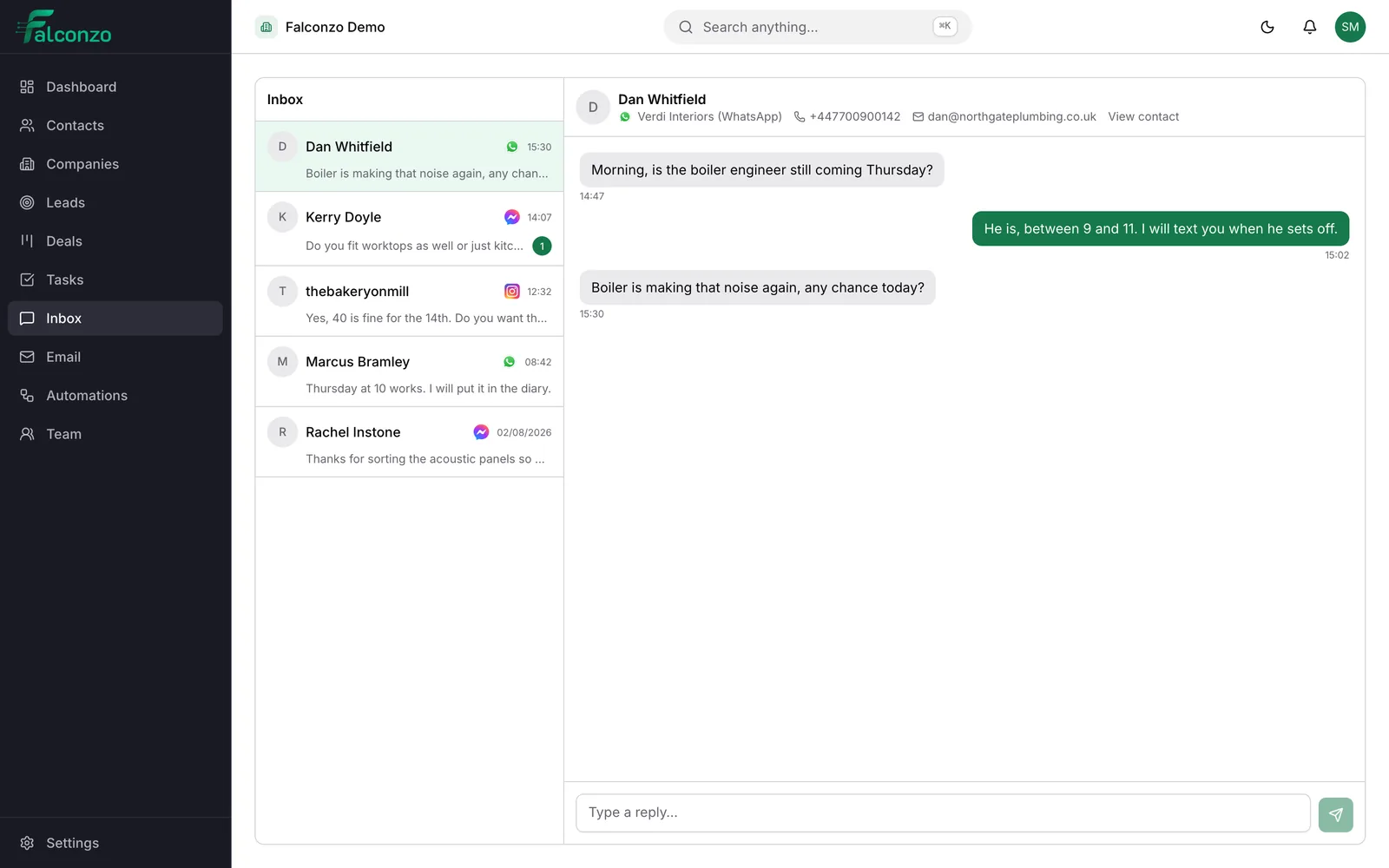The Falconzo shared inbox with WhatsApp, Messenger and Instagram conversations in one list